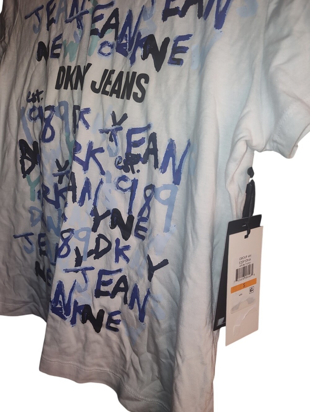 DKNY Jeans White Graphic Logo Tee - Blue Brushstroke Print Small